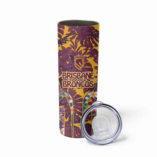 Brisbane Broncos Skinny Tumbler Tropical Hibiscus Floral Pattern With Maroon And Yellow Accents