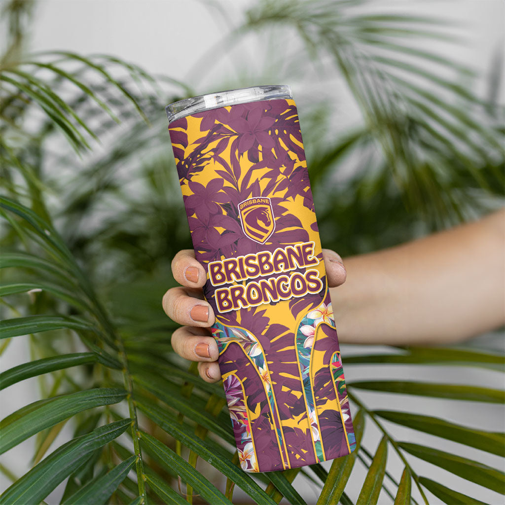 Brisbane Broncos Skinny Tumbler Tropical Hibiscus Floral Pattern With Maroon And Yellow Accents