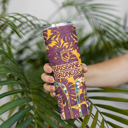 Brisbane Broncos Skinny Tumbler Tropical Hibiscus Floral Pattern With Maroon And Yellow Accents