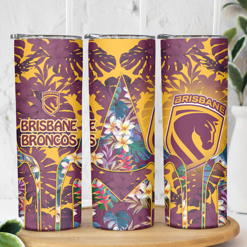 Brisbane Broncos Skinny Tumbler Tropical Hibiscus Floral Pattern With Maroon And Yellow Accents