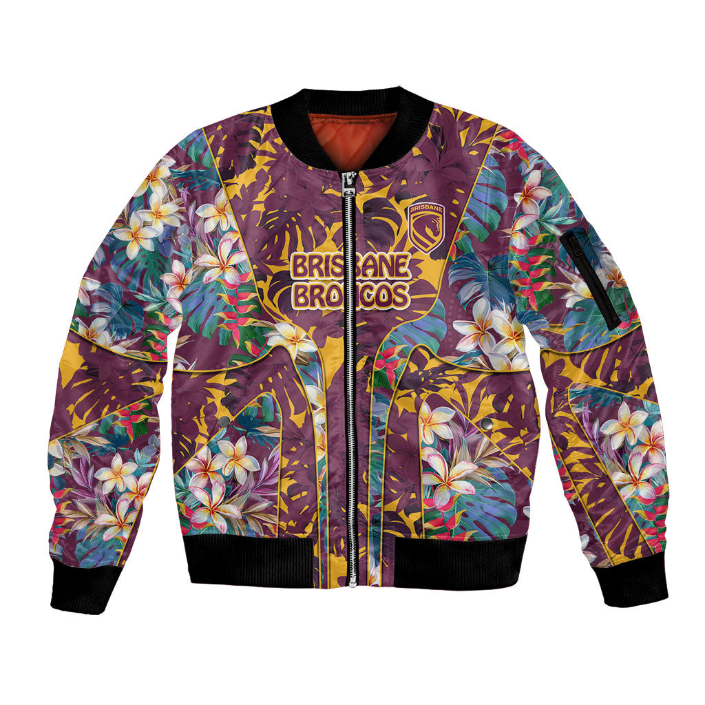 Brisbane Broncos Sleeve Zip Bomber Jacket Tropical Hibiscus Floral Pattern With Maroon And Yellow Accents