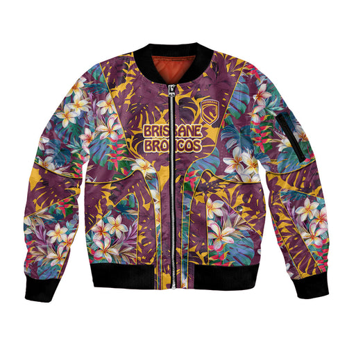 Brisbane Broncos Sleeve Zip Bomber Jacket Tropical Hibiscus Floral Pattern With Maroon And Yellow Accents