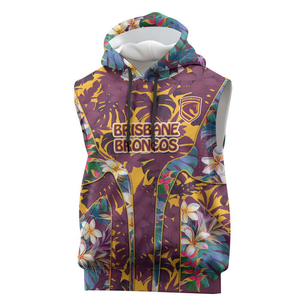Brisbane Broncos Sleeveless Hoodie Tropical Hibiscus Floral Pattern With Maroon And Yellow Accents