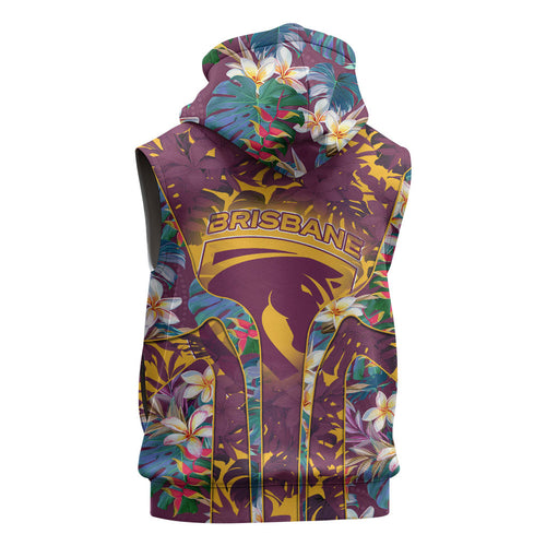 Brisbane Broncos Sleeveless Hoodie Tropical Hibiscus Floral Pattern With Maroon And Yellow Accents