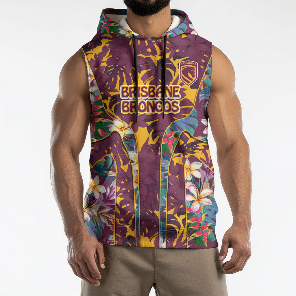 Brisbane Broncos Sleeveless Hoodie Tropical Hibiscus Floral Pattern With Maroon And Yellow Accents