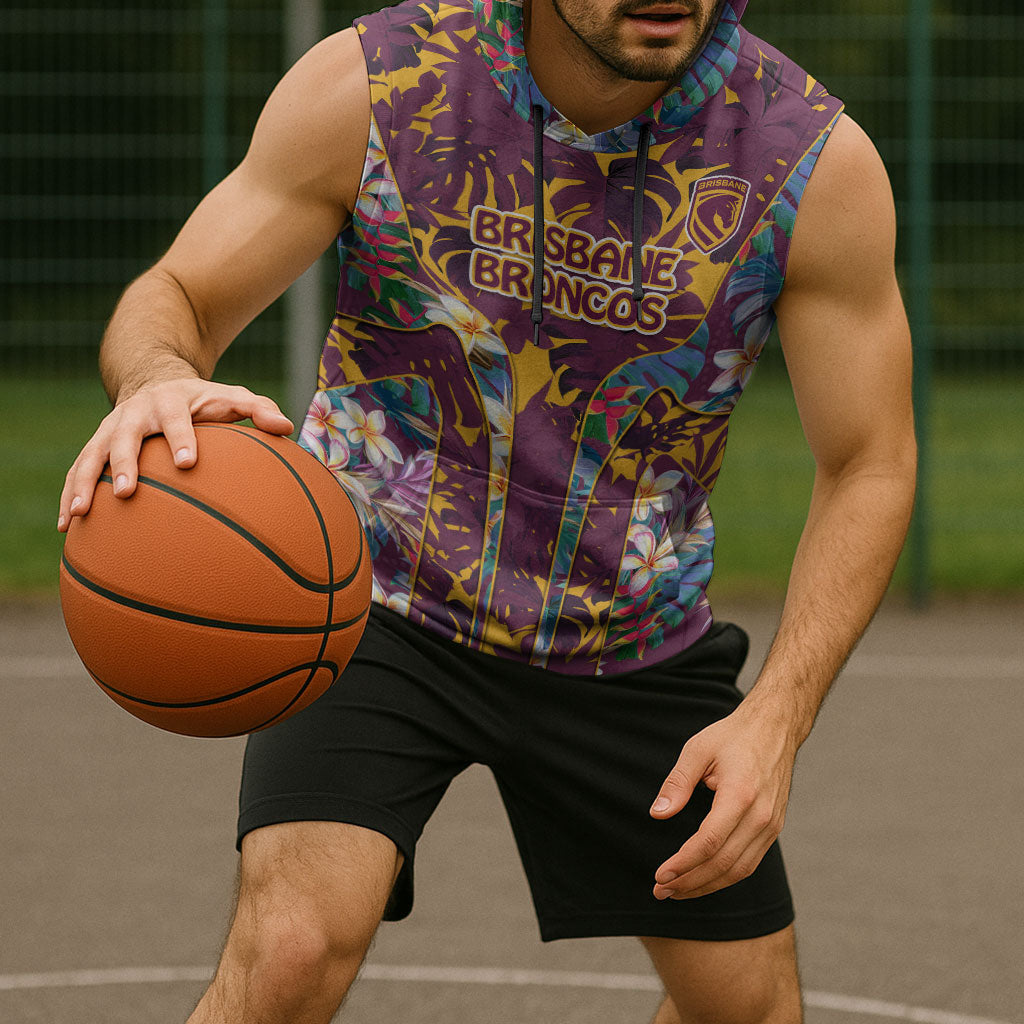 Brisbane Broncos Sleeveless Hoodie Tropical Hibiscus Floral Pattern With Maroon And Yellow Accents