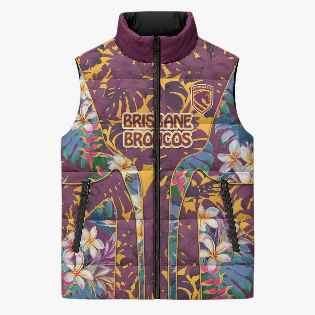 Brisbane Broncos Sleeveless Puffer Jacket Tropical Hibiscus Floral Pattern With Maroon And Yellow Accents