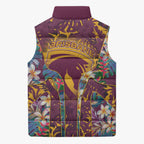 Brisbane Broncos Sleeveless Puffer Jacket Tropical Hibiscus Floral Pattern With Maroon And Yellow Accents