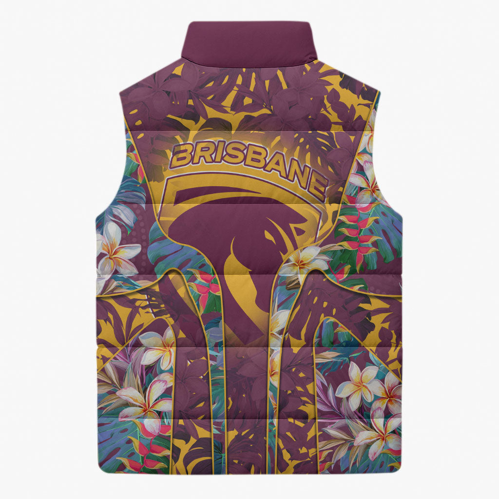 Brisbane Broncos Sleeveless Puffer Jacket Tropical Hibiscus Floral Pattern With Maroon And Yellow Accents