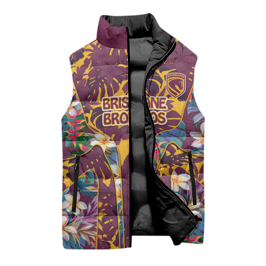 Brisbane Broncos Sleeveless Puffer Jacket Tropical Hibiscus Floral Pattern With Maroon And Yellow Accents