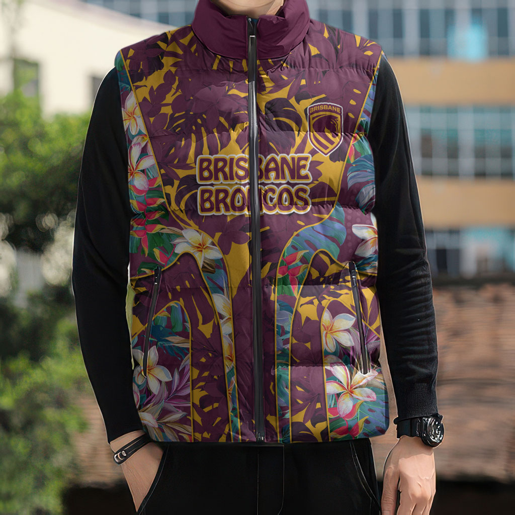 Brisbane Broncos Sleeveless Puffer Jacket Tropical Hibiscus Floral Pattern With Maroon And Yellow Accents