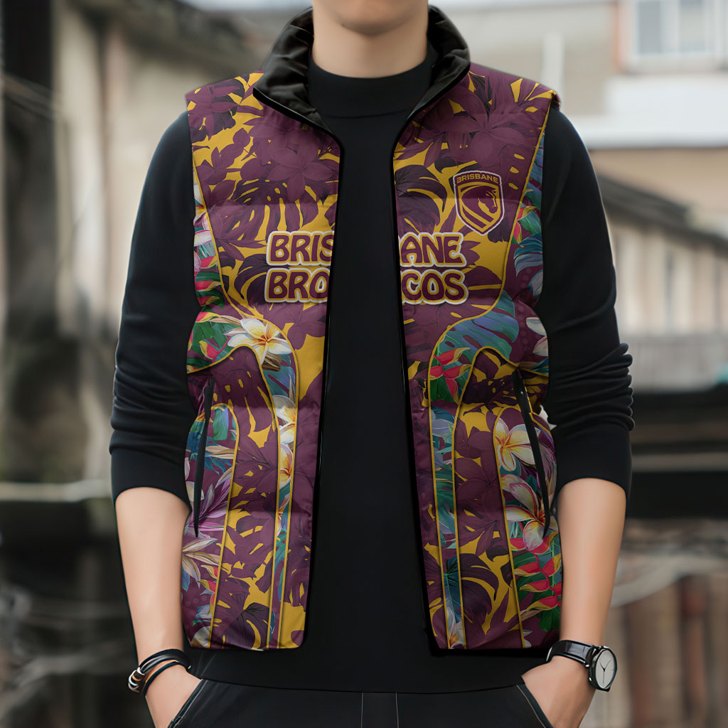 Brisbane Broncos Sleeveless Puffer Jacket Tropical Hibiscus Floral Pattern With Maroon And Yellow Accents