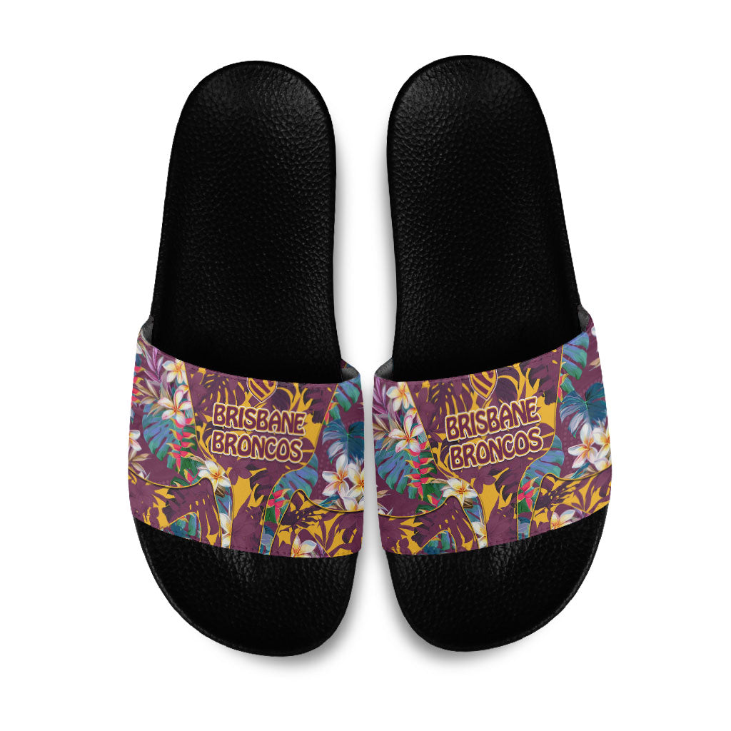 Brisbane Broncos Slide Sandals Tropical Hibiscus Floral Pattern With Maroon And Yellow Accents