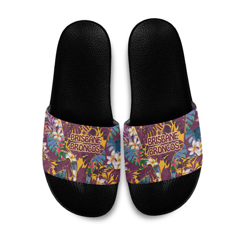 Brisbane Broncos Slide Sandals Tropical Hibiscus Floral Pattern With Maroon And Yellow Accents