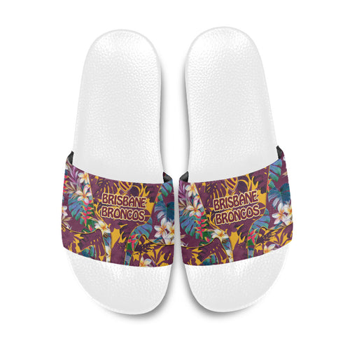 Brisbane Broncos Slide Sandals Tropical Hibiscus Floral Pattern With Maroon And Yellow Accents