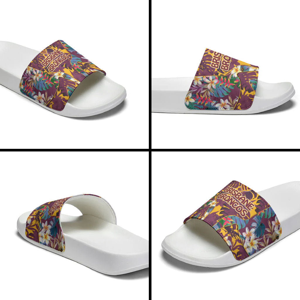 Brisbane Broncos Slide Sandals Tropical Hibiscus Floral Pattern With Maroon And Yellow Accents