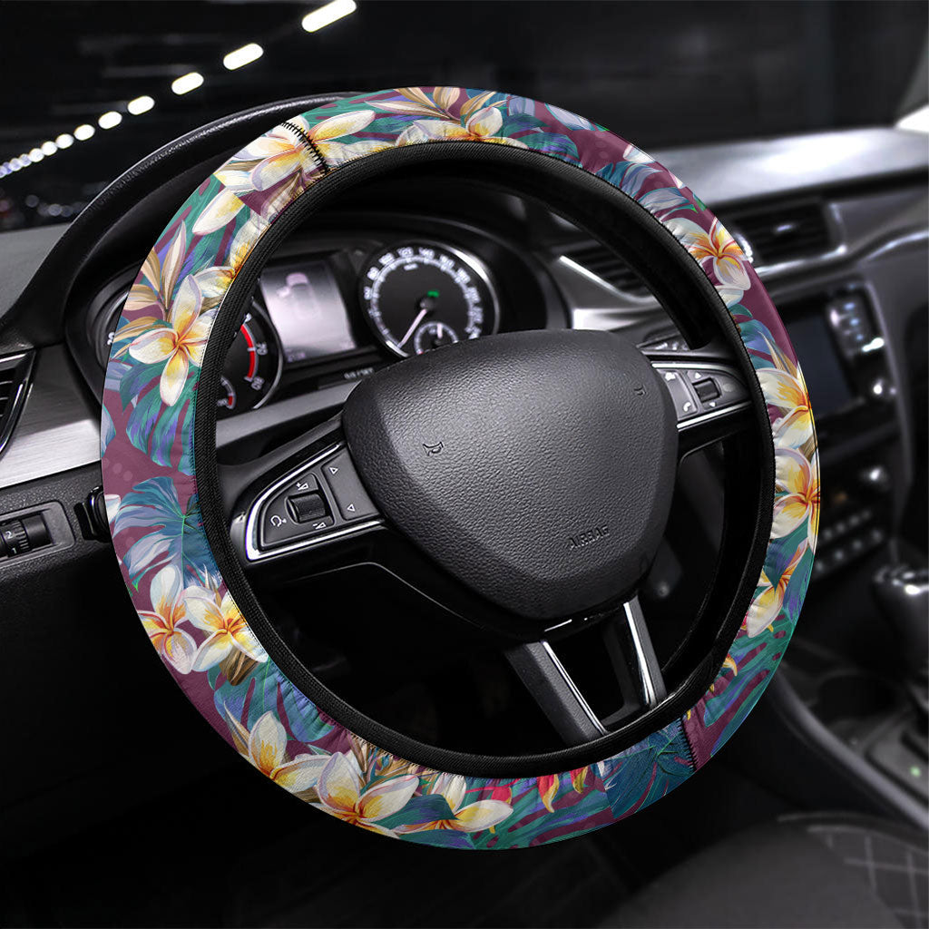 Brisbane Broncos Steering Wheel Cover Tropical Hibiscus Floral Pattern With Maroon And Yellow Accents
