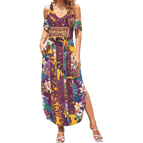 Brisbane Broncos Summer Maxi Dress Tropical Hibiscus Floral Pattern With Maroon And Yellow Accents