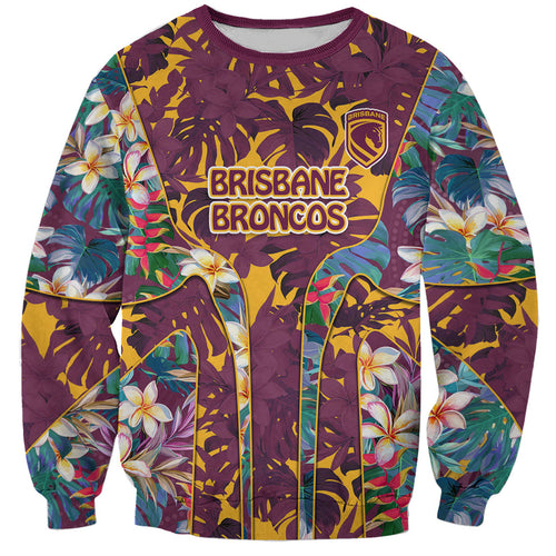 Brisbane Broncos Sweatshirt Tropical Hibiscus Floral Pattern With Maroon And Yellow Accents
