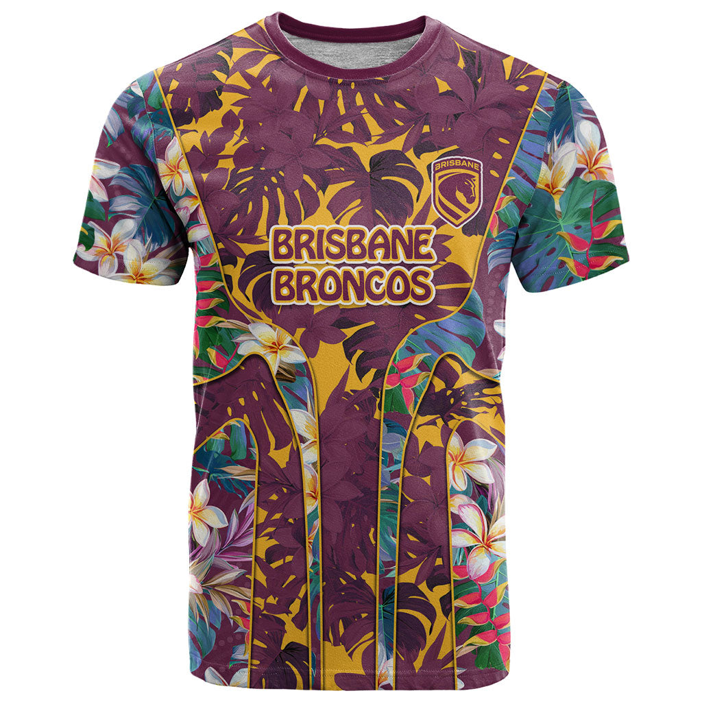 Brisbane Broncos T Shirt Tropical Hibiscus Floral Pattern With Maroon And Yellow Accents