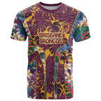 Brisbane Broncos T Shirt Tropical Hibiscus Floral Pattern With Maroon And Yellow Accents