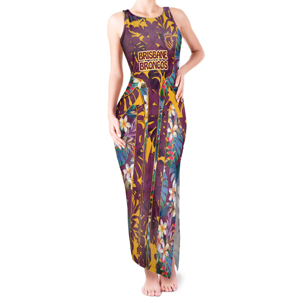 Brisbane Broncos Tank Maxi Dress Tropical Hibiscus Floral Pattern With Maroon And Yellow Accents