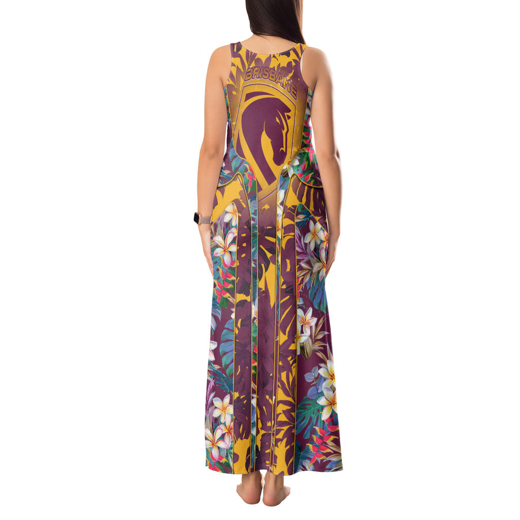 Brisbane Broncos Tank Maxi Dress Tropical Hibiscus Floral Pattern With Maroon And Yellow Accents