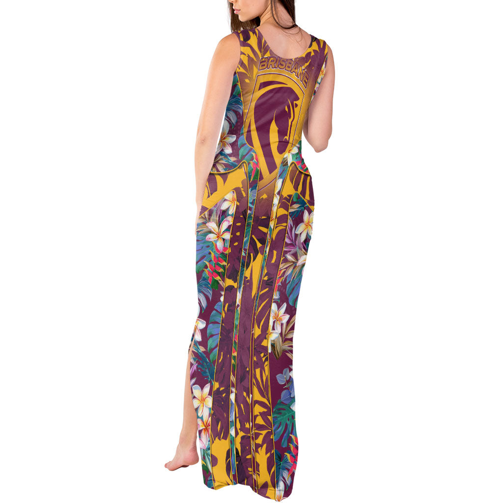 Brisbane Broncos Tank Maxi Dress Tropical Hibiscus Floral Pattern With Maroon And Yellow Accents