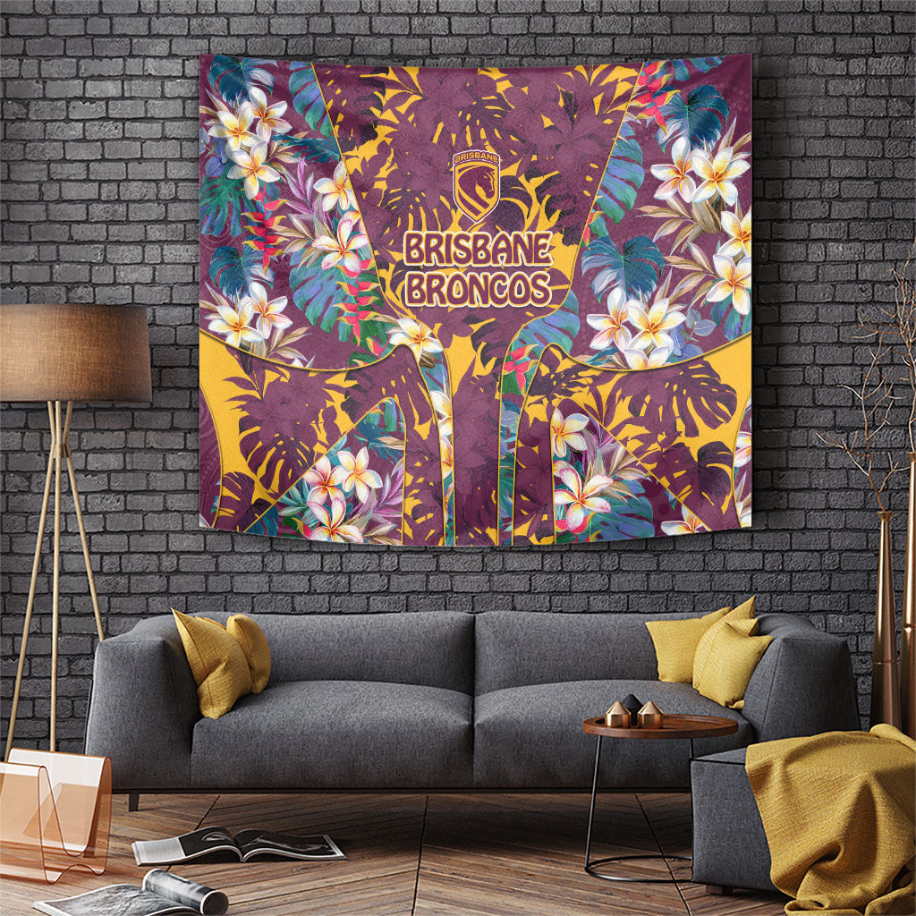 Brisbane Broncos Tapestry Tropical Hibiscus Floral Pattern With Maroon And Yellow Accents
