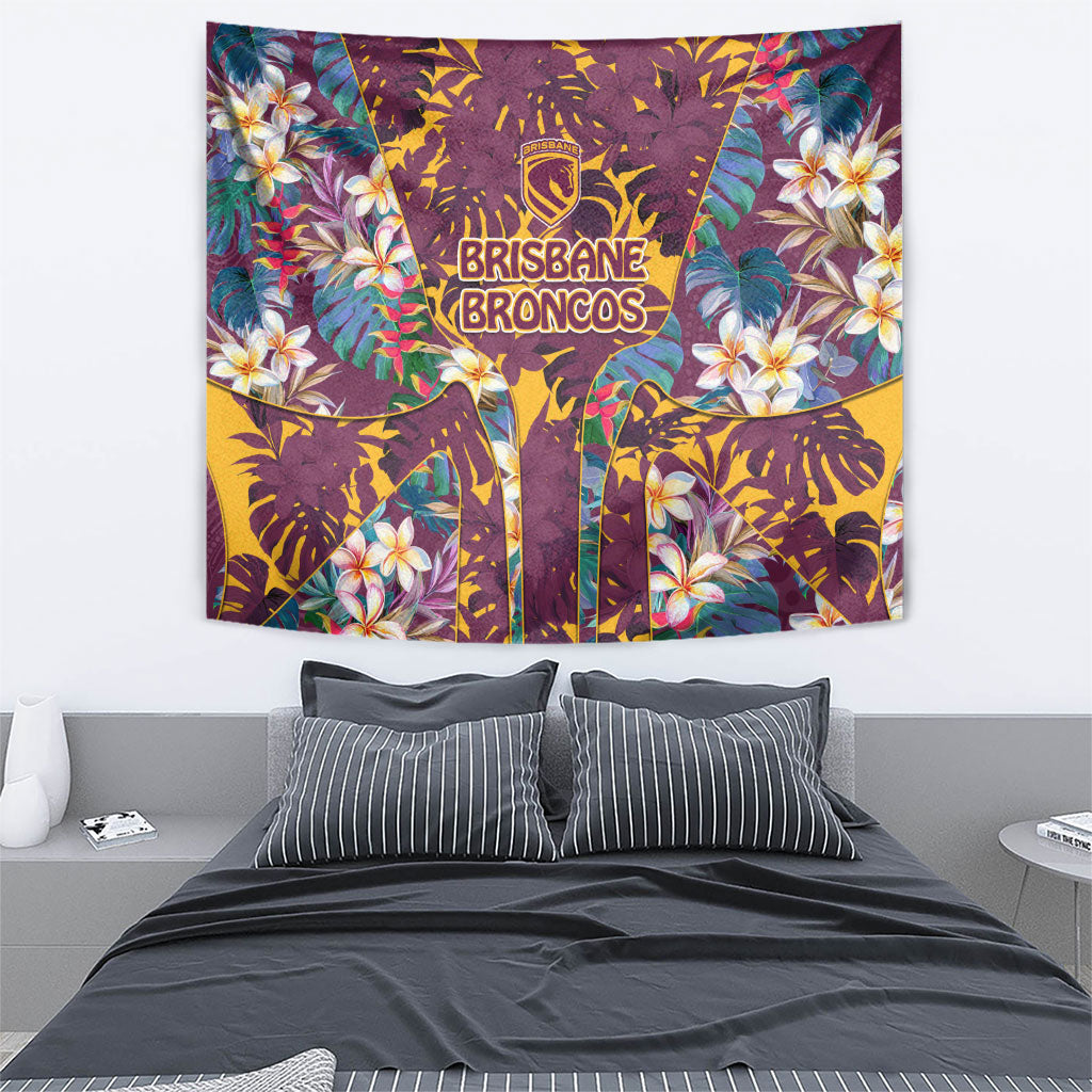 Brisbane Broncos Tapestry Tropical Hibiscus Floral Pattern With Maroon And Yellow Accents
