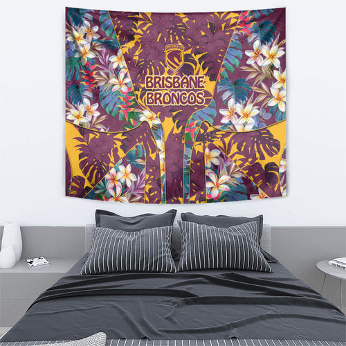 Brisbane Broncos Tapestry Tropical Hibiscus Floral Pattern With Maroon And Yellow Accents