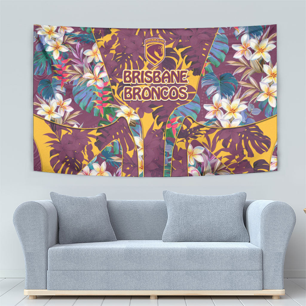 Brisbane Broncos Tapestry Tropical Hibiscus Floral Pattern With Maroon And Yellow Accents