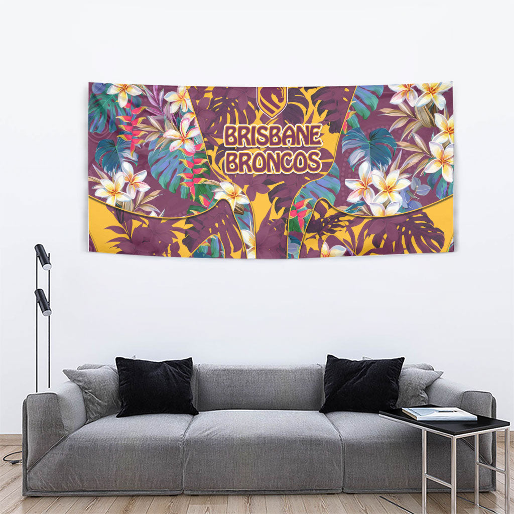 Brisbane Broncos Tapestry Tropical Hibiscus Floral Pattern With Maroon And Yellow Accents
