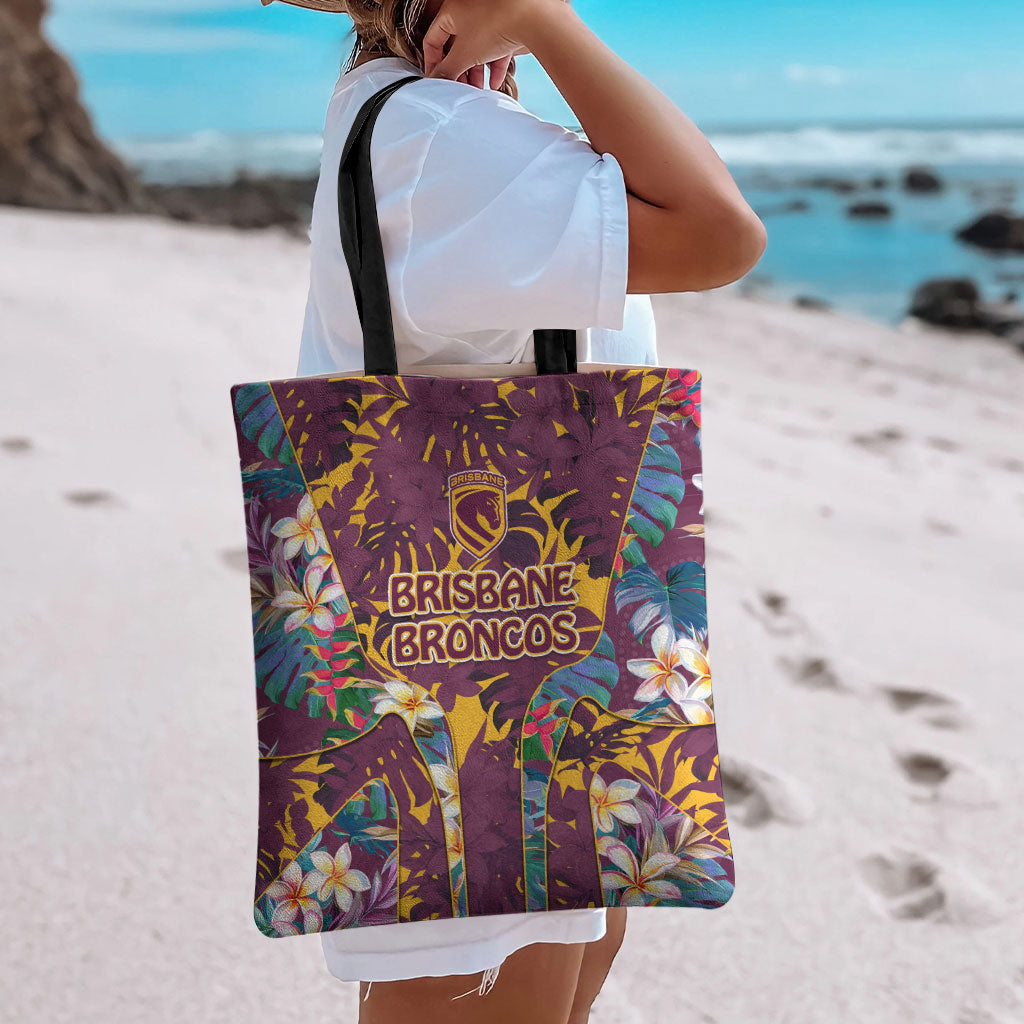 Brisbane Broncos Tote Bag Tropical Hibiscus Floral Pattern With Maroon And Yellow Accents