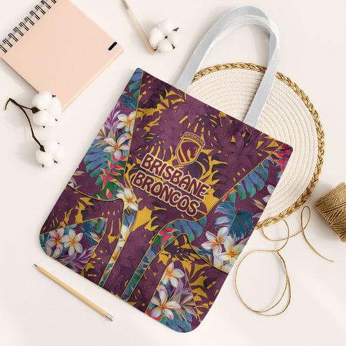Brisbane Broncos Tote Bag Tropical Hibiscus Floral Pattern With Maroon And Yellow Accents