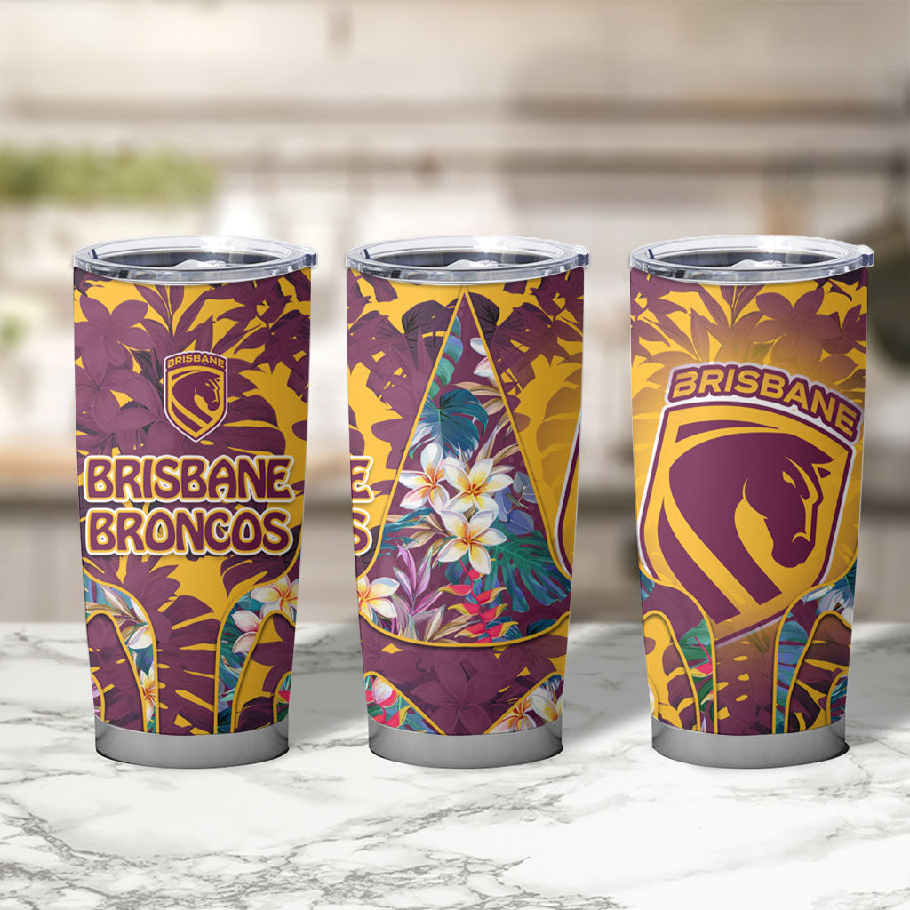 Brisbane Broncos Tumbler Cup Tropical Hibiscus Floral Pattern With Maroon And Yellow Accents