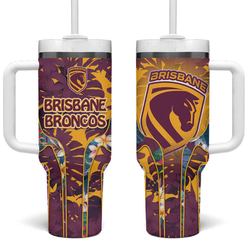 Brisbane Broncos Tumbler With Handle Tropical Hibiscus Floral Pattern With Maroon And Yellow Accents