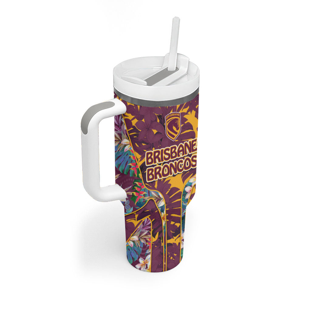 Brisbane Broncos Tumbler With Handle Tropical Hibiscus Floral Pattern With Maroon And Yellow Accents