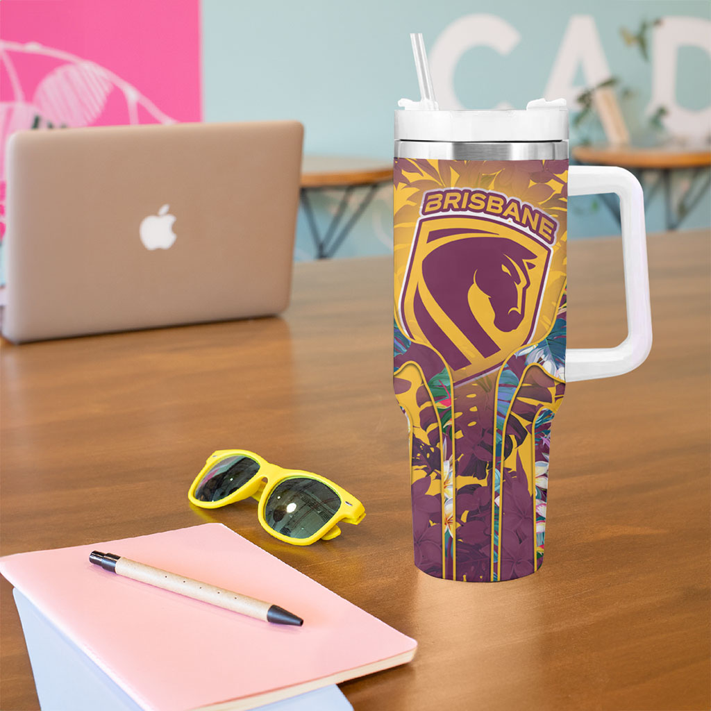 Brisbane Broncos Tumbler With Handle Tropical Hibiscus Floral Pattern With Maroon And Yellow Accents