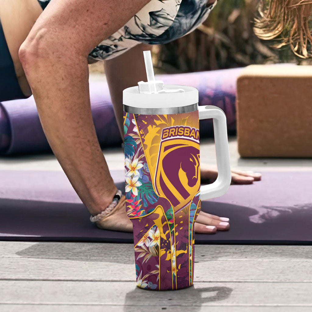 Brisbane Broncos Tumbler With Handle Tropical Hibiscus Floral Pattern With Maroon And Yellow Accents
