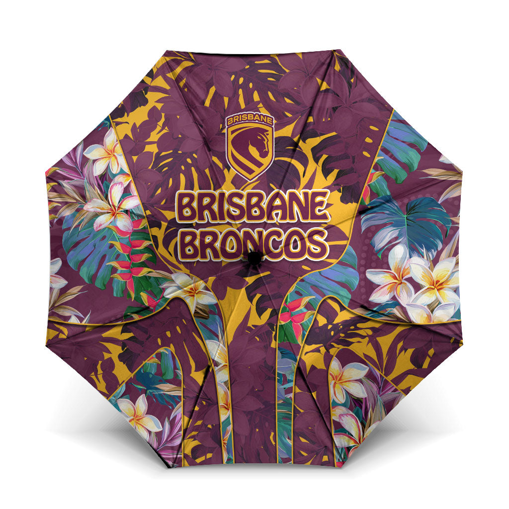 Brisbane Broncos Umbrella Tropical Hibiscus Floral Pattern With Maroon And Yellow Accents