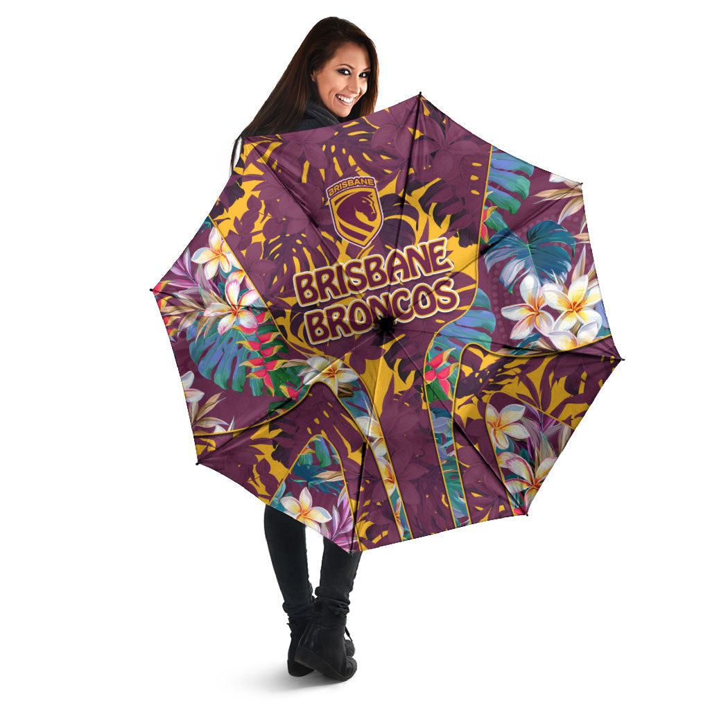 Brisbane Broncos Umbrella Tropical Hibiscus Floral Pattern With Maroon And Yellow Accents