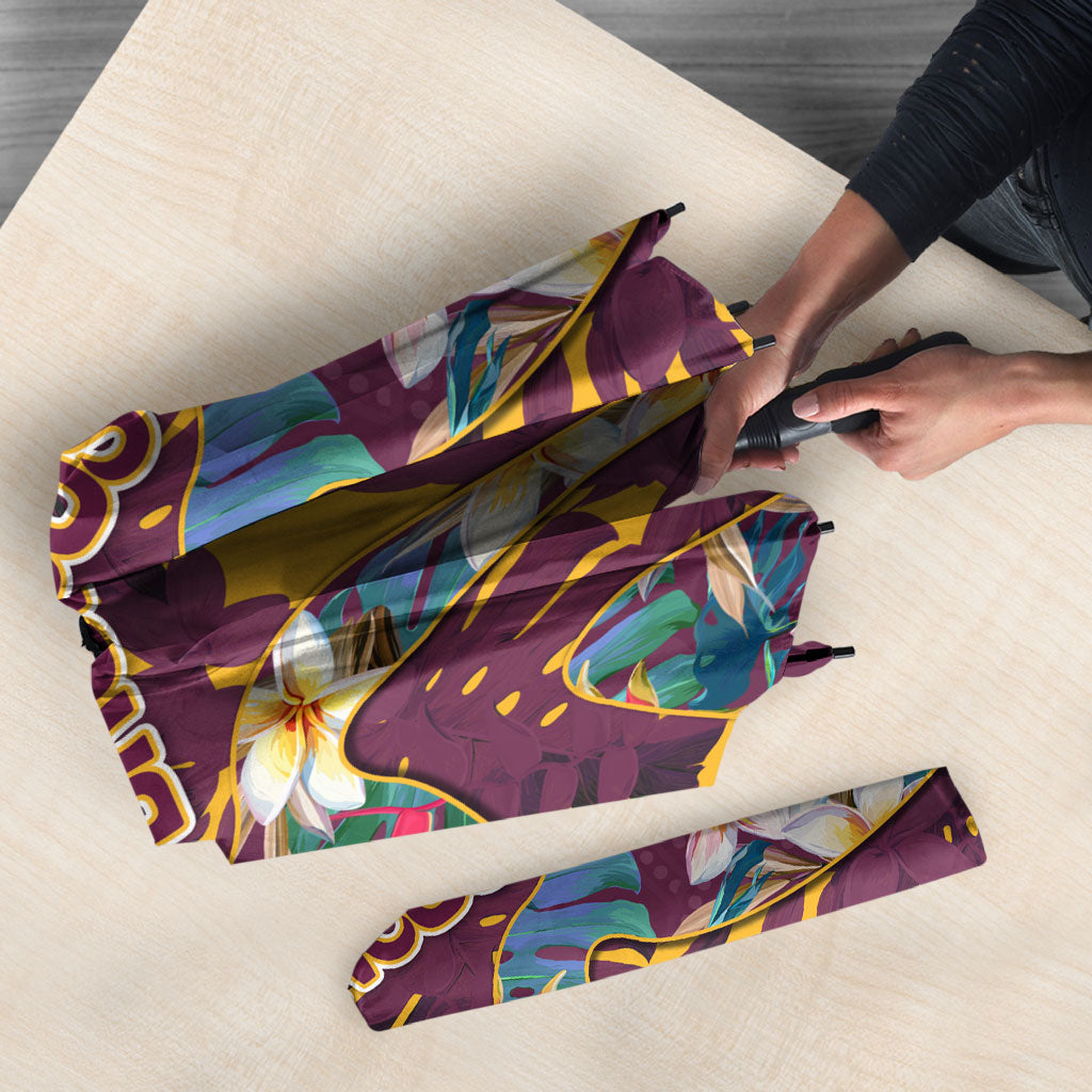 Brisbane Broncos Umbrella Tropical Hibiscus Floral Pattern With Maroon And Yellow Accents