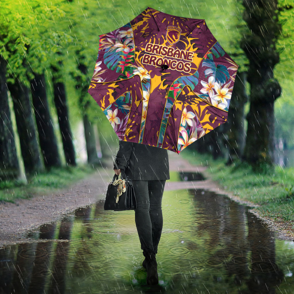 Brisbane Broncos Umbrella Tropical Hibiscus Floral Pattern With Maroon And Yellow Accents