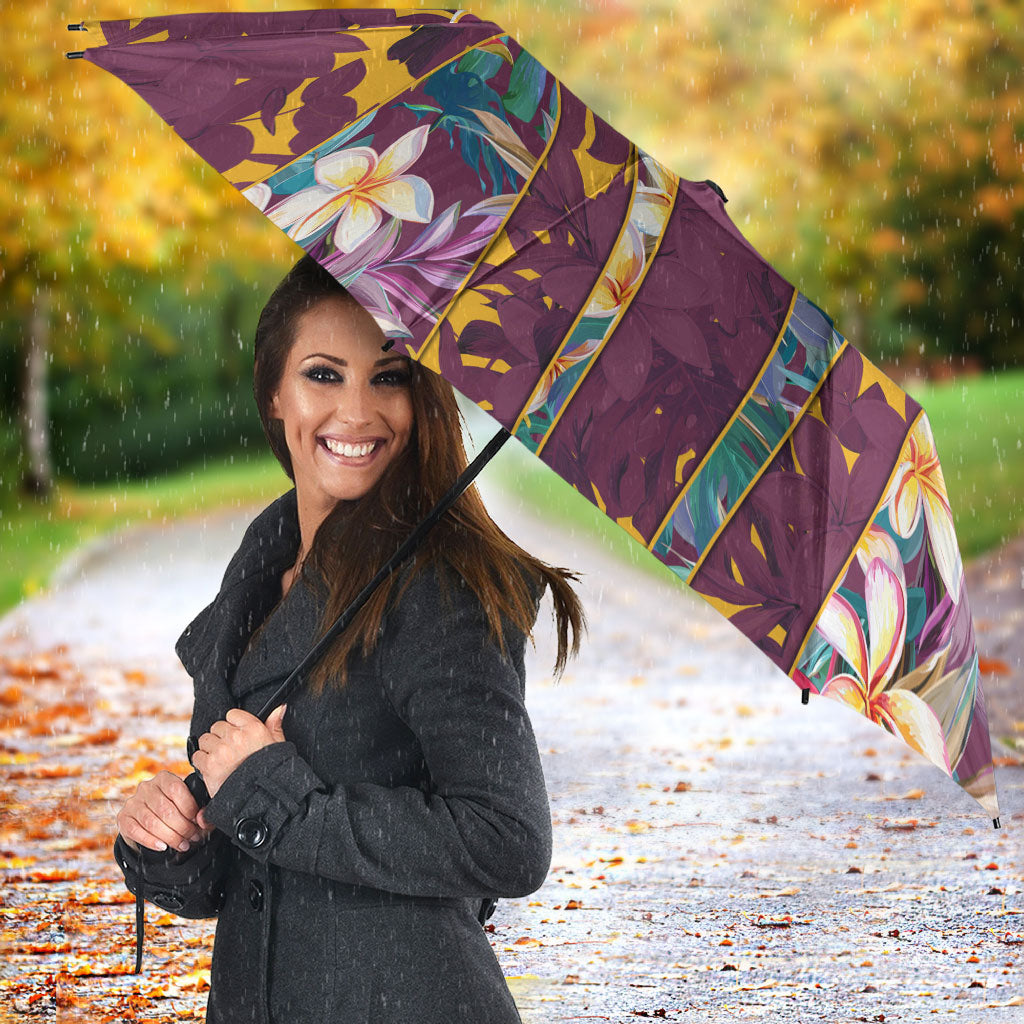 Brisbane Broncos Umbrella Tropical Hibiscus Floral Pattern With Maroon And Yellow Accents