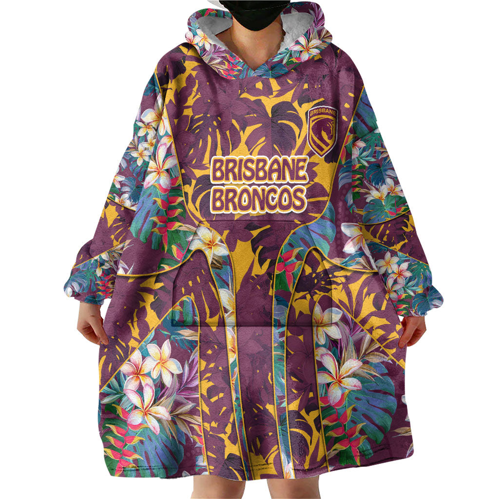 Brisbane Broncos Wearable Blanket Hoodie Tropical Hibiscus Floral Pattern With Maroon And Yellow Accents