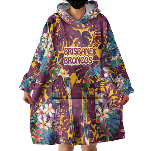 Brisbane Broncos Wearable Blanket Hoodie Tropical Hibiscus Floral Pattern With Maroon And Yellow Accents