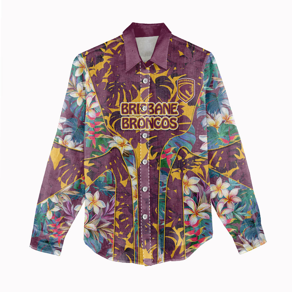 Brisbane Broncos Women Casual Shirt Tropical Hibiscus Floral Pattern With Maroon And Yellow Accents
