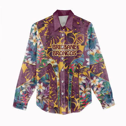 Brisbane Broncos Women Casual Shirt Tropical Hibiscus Floral Pattern With Maroon And Yellow Accents