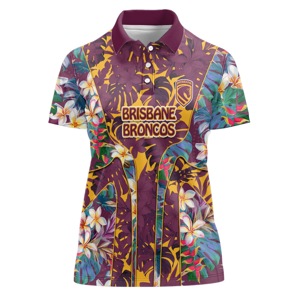 Brisbane Broncos Women Polo Shirt Tropical Hibiscus Floral Pattern With Maroon And Yellow Accents